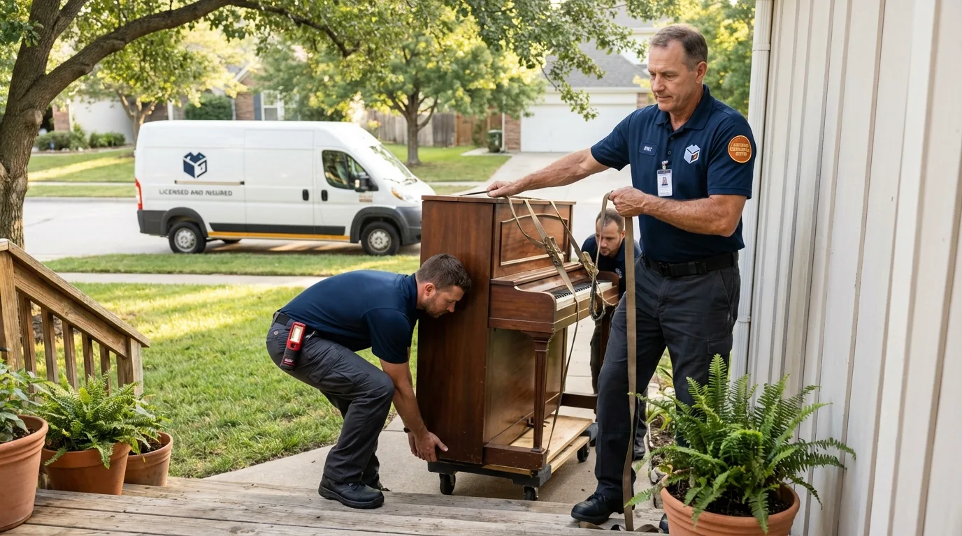 Licensed piano movers securing grand piano in Waunakee, WI
