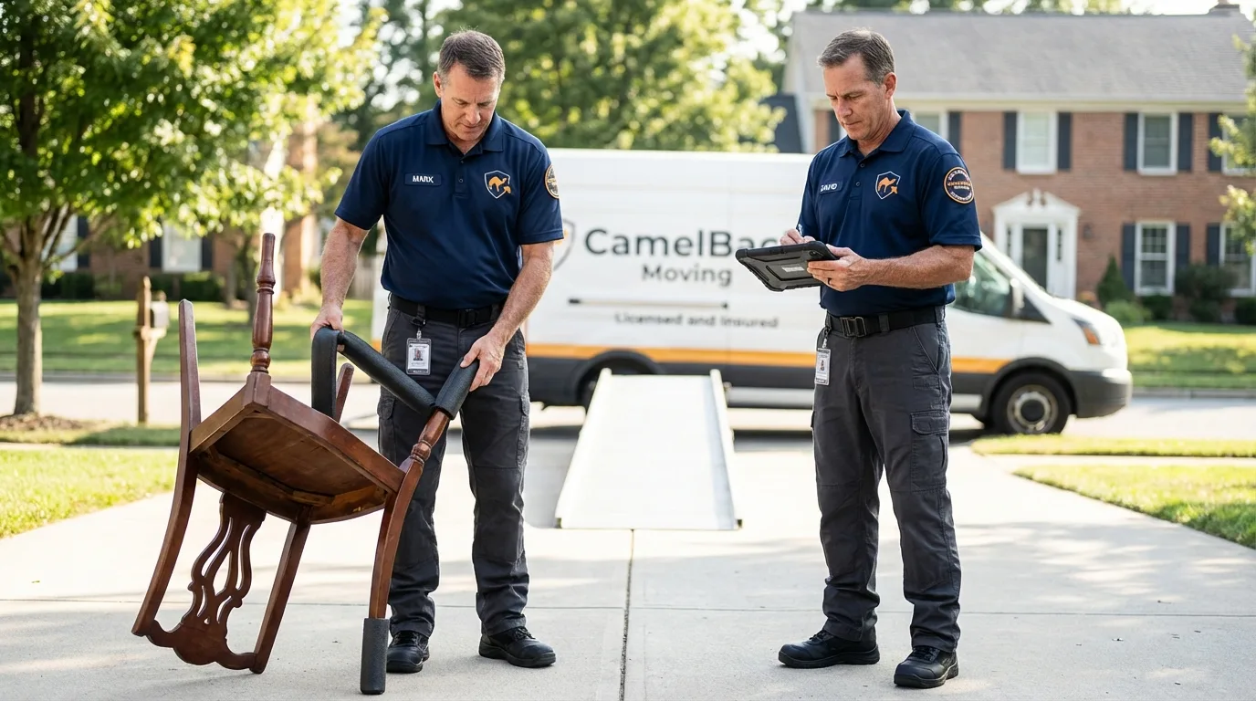 Movers inspecting furniture for damage prevention before loading in Waunakee, WI