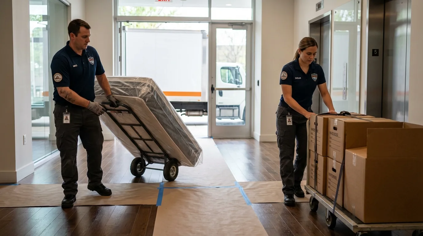 Professional apartment movers loading elevator in Waunakee, WI