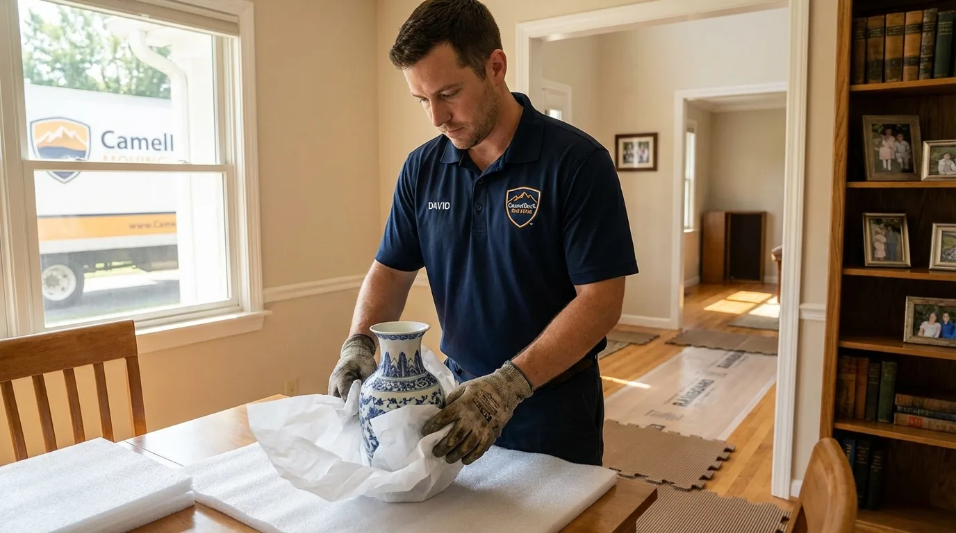 Professional crew carefully wrapping antique vase for senior downsizing move in Waunakee, WI