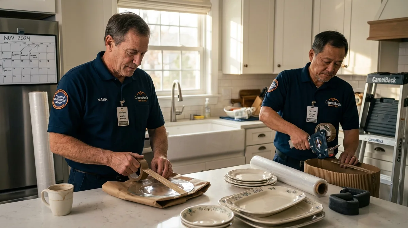 Professional crew packing kitchen dishware in Waunakee, WI